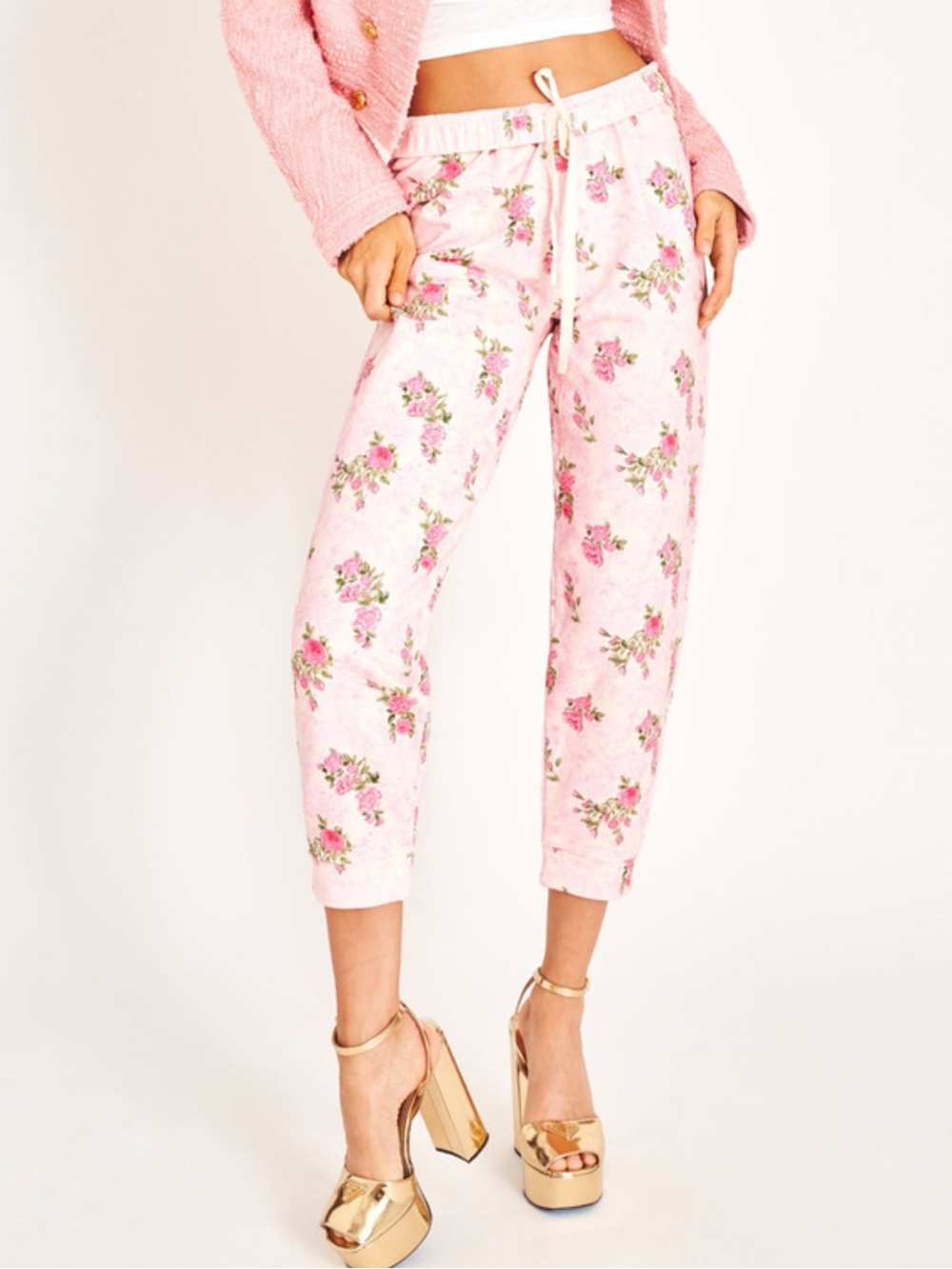 LoveShackFancy Limited Edition Pink Floral Cropped Jogger Pants